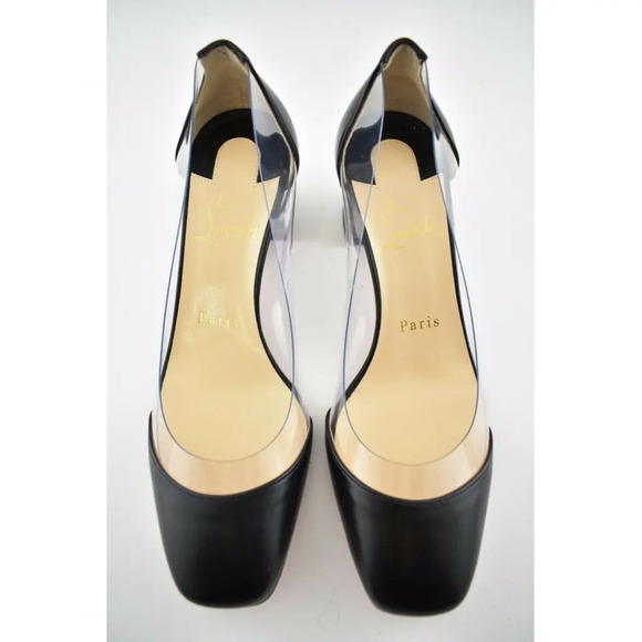 Christian Louboutin Grandola 55 Black Leather PVC Block Heel Sandal Pump 37.5 - Picture 7 of 12